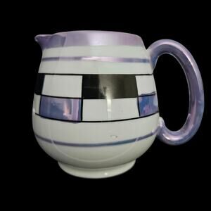 Vintage Japan Creamer Purple Lustre Handle Black White Geometric Ceramic Pitcher